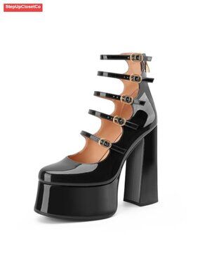 Platform Mary Janes Chunky Block High Heels Closed Toe Faux Leather